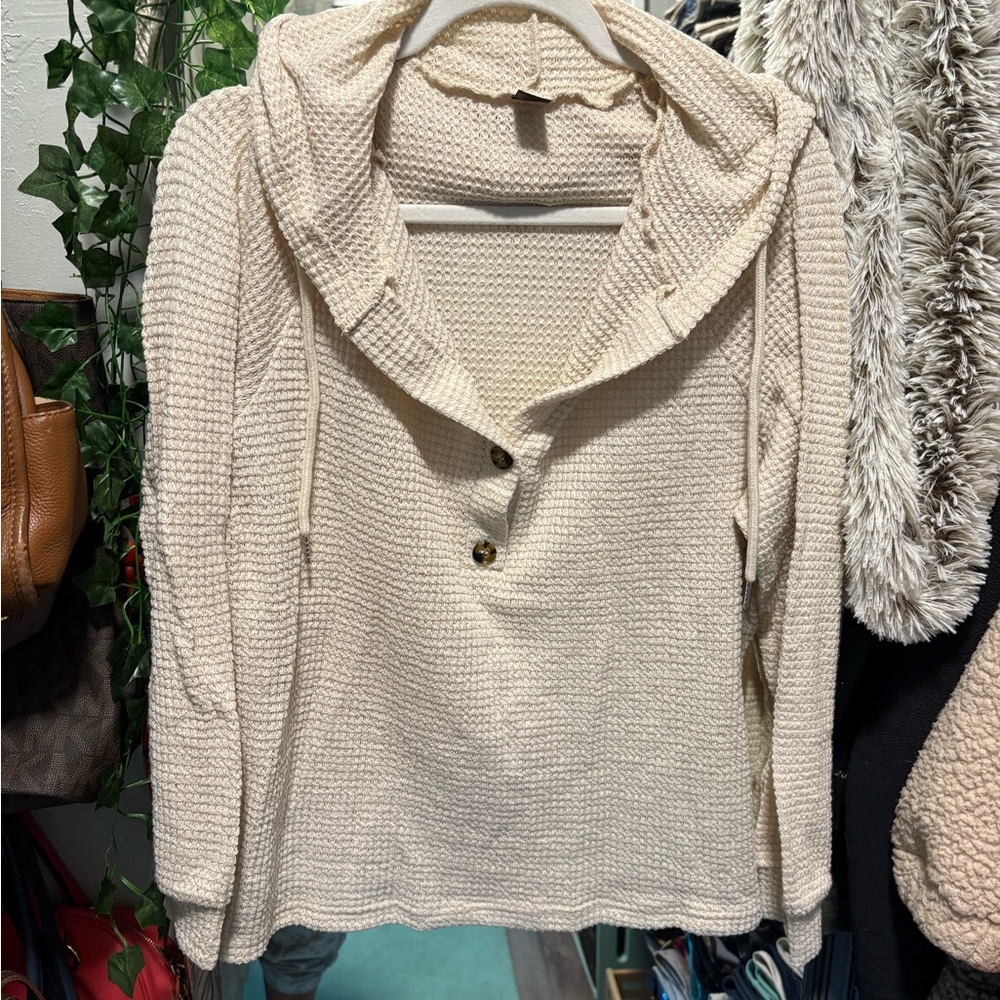 Elegant Cream V-Neck Sweater with Hood